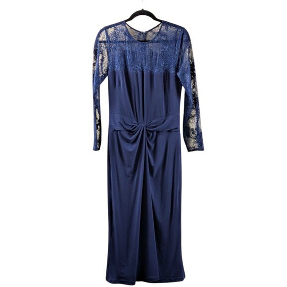 David Meister Full Length Long Sleeve Lace and Jersey Navy Gown  14 - Picture 2 of 11